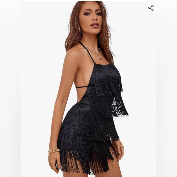 NWOT- Women's Sexy Fringe Halter Waist Tie Back Sleeveless Romper/ Jumpsuit - Picture 5 of 12